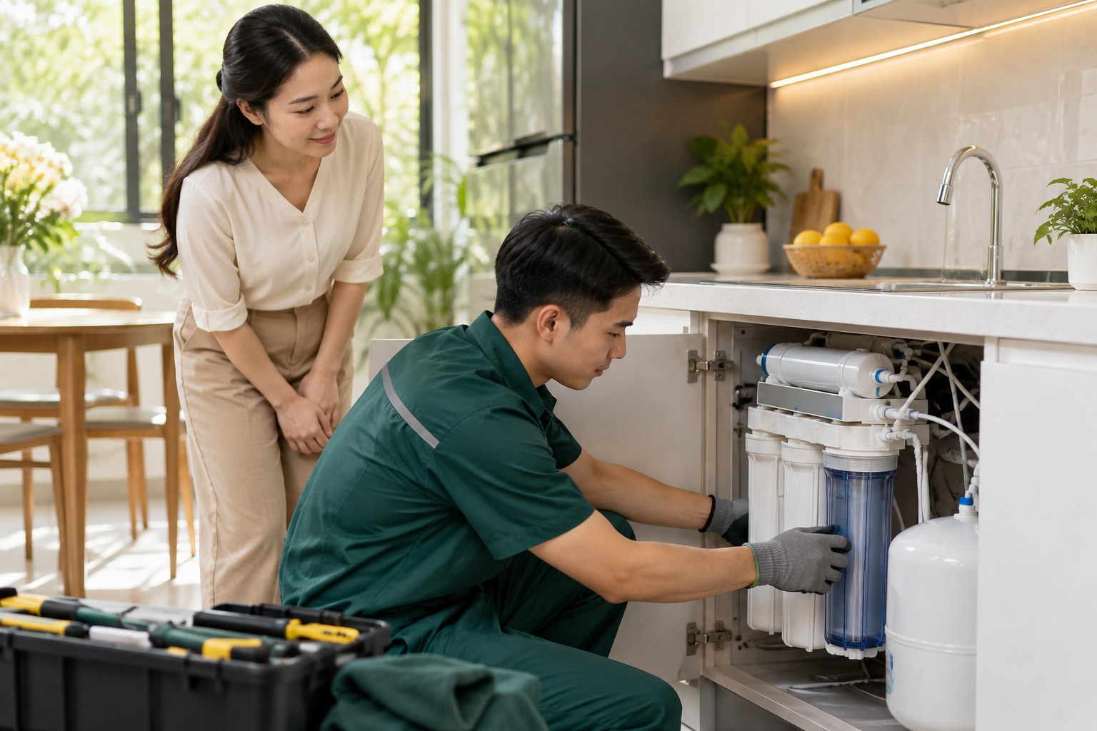 Nhân viên kỹ thuật kiểm tra máy lọc nước tại nhà khách hàng